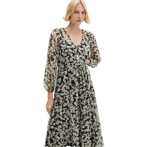 NWT Mango Black Grey Floral Dress Size 18 Midi Tie Waist Gold Flecks Flowy Lined